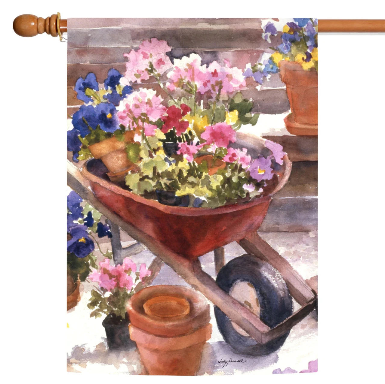 Wheelbarrow And Flowers Outdoor House Flag 40" X 28" 1 Wheelbarrow And Flowers Outdoor House Flag 40" X 28"