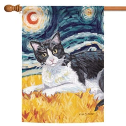 Tuxedo Cat Starry Night Outdoor House Flag 40' X 28"