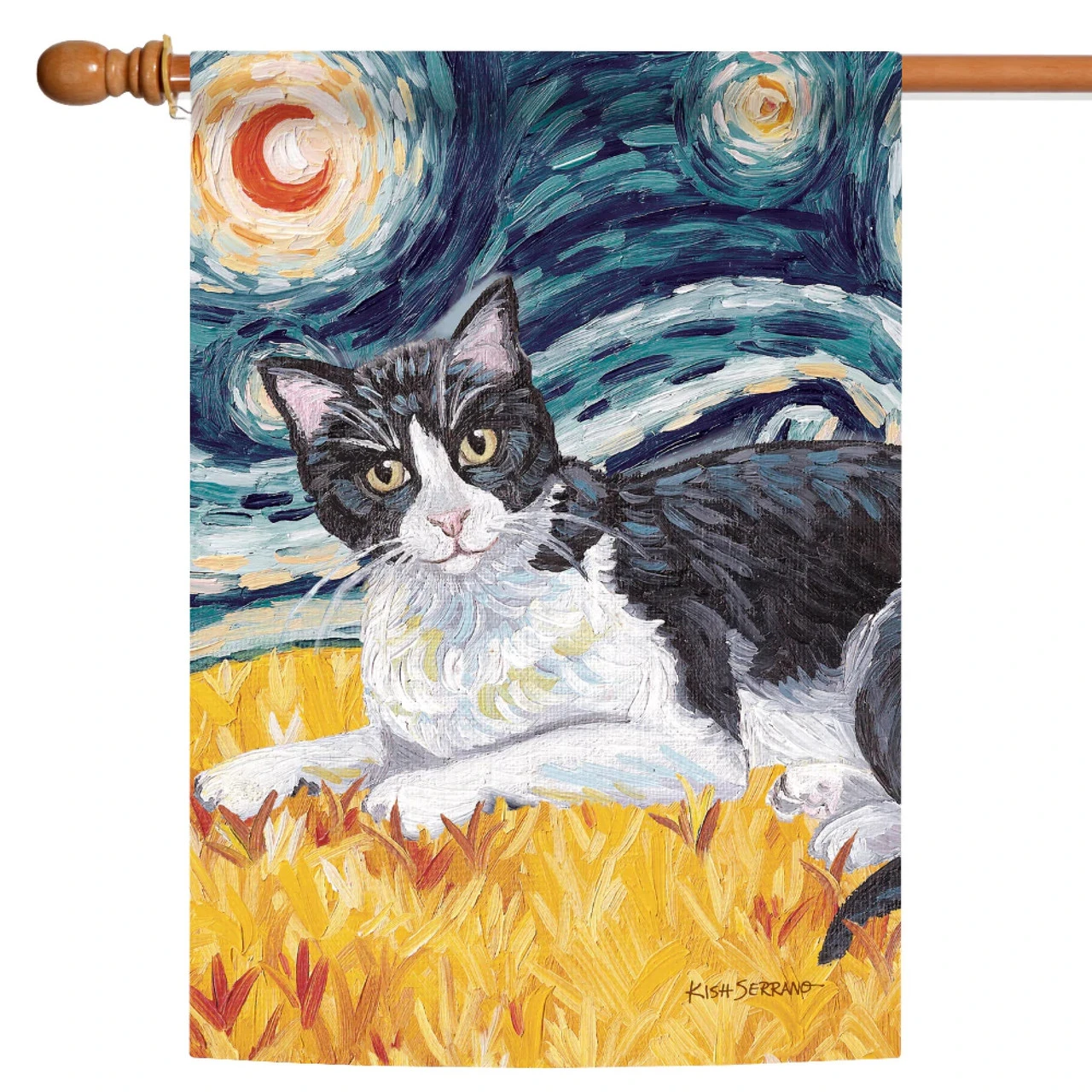 Tuxedo Cat Starry Night Outdoor House Flag 40' X 28" 1 Tuxedo Cat Starry Night Outdoor House Flag 40' X 28"