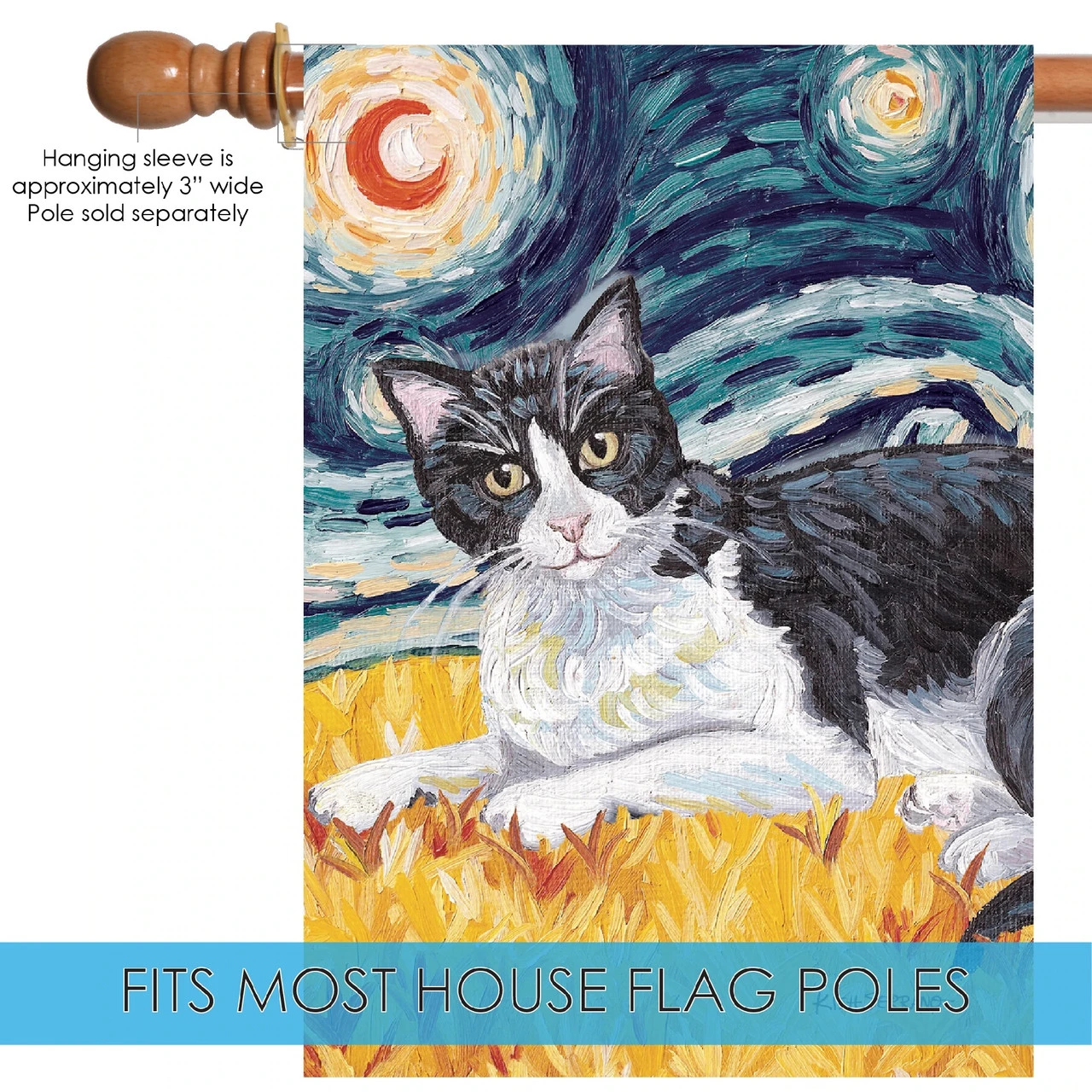 Tuxedo Cat Starry Night Outdoor House Flag 40' X 28" 5 Tuxedo Cat Starry Night Outdoor House Flag 40' X 28" - Image 5