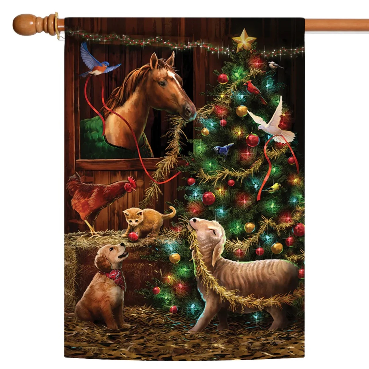 Christmas Barn Outdoor House Flag 40" X 28" 1 Christmas Barn Outdoor House Flag 40" X 28"