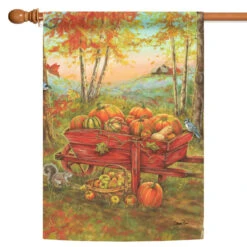 Red And Orange Harvest Wheel Barrow Outdoor House Flag 40" X 28"