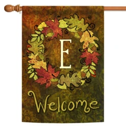 Green And Yellow Fall Wreath Monogram E Outdoor House Flag 28" X 40"