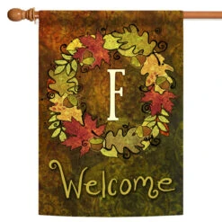 Green And Yellow Fall Wreath Monogram F Outdoor House Flag 28" X 40"