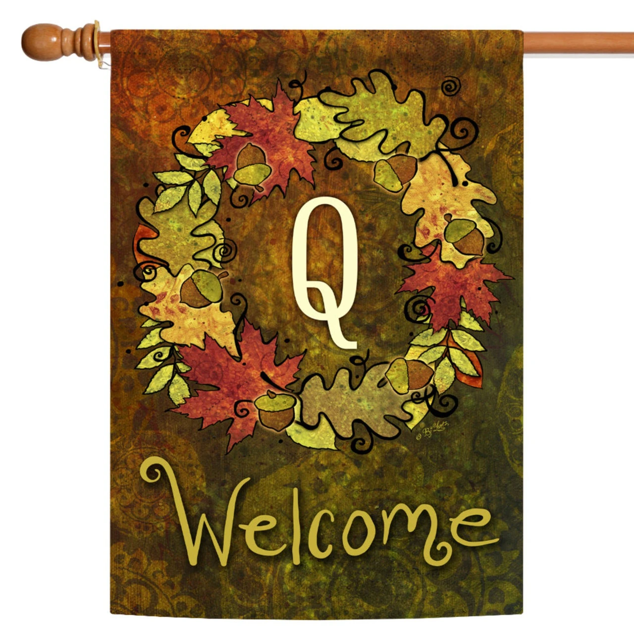 Green And Yellow Fall Wreath Monogram Q Outdoor House Flag 28" X 40" 1 Green And Yellow Fall Wreath Monogram Q Outdoor House Flag 28" X 40"