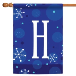 Blue And White Winter Snowflakes Monogram H Outdoor House Flag 40" X 28"