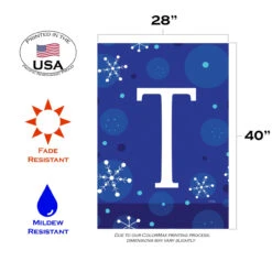 Blue And White Winter Snowflakes Monogram T Outdoor House Flag 40" X 28" -PatioVibe Shop dtol 1010187 3 22565.1683050495