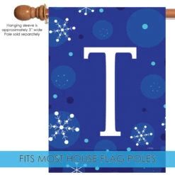 Blue And White Winter Snowflakes Monogram T Outdoor House Flag 40" X 28" -PatioVibe Shop dtol 1010187 5 85157.1683050496