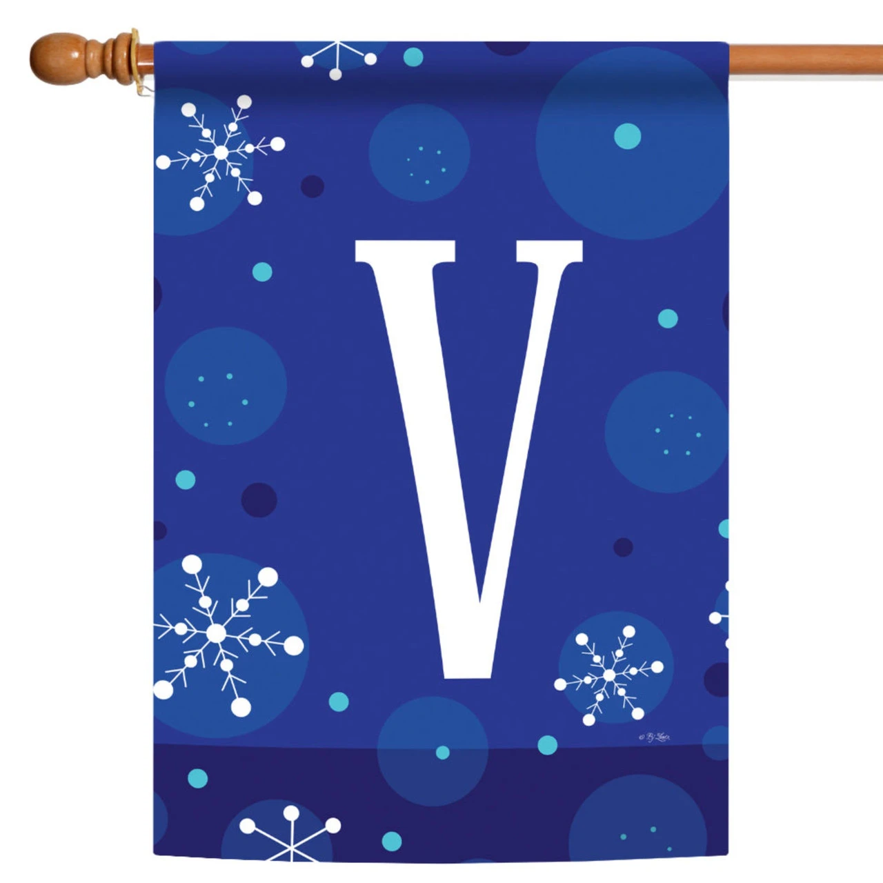 Blue And White Winter Snowflakes Monogram V Outdoor House Flag 40" X 28" 1 Blue And White Winter Snowflakes Monogram V Outdoor House Flag 40" X 28"