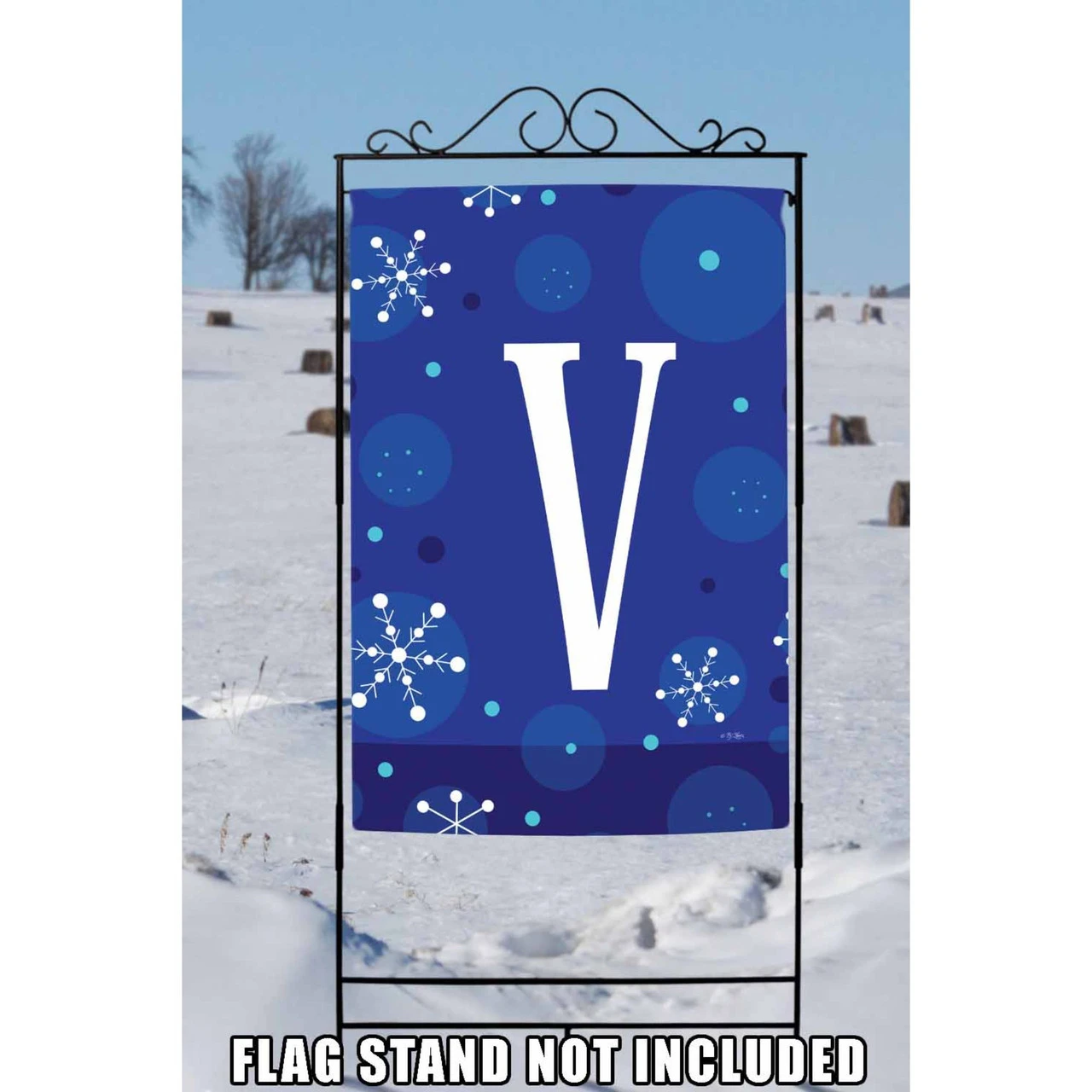 Blue And White Winter Snowflakes Monogram V Outdoor House Flag 40" X 28" 2 Blue And White Winter Snowflakes Monogram V Outdoor House Flag 40" X 28" - Image 2