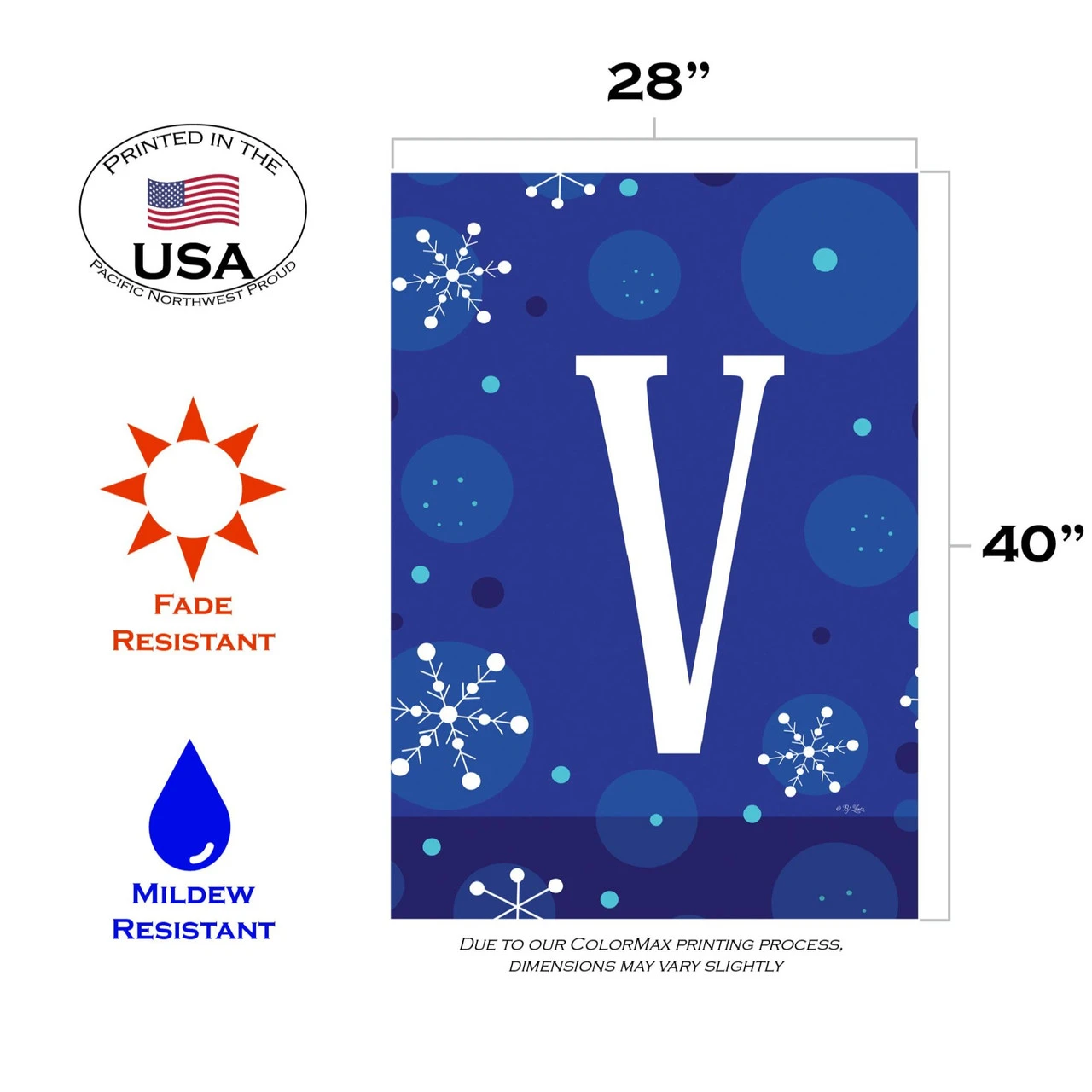 Blue And White Winter Snowflakes Monogram V Outdoor House Flag 40" X 28" 3 Blue And White Winter Snowflakes Monogram V Outdoor House Flag 40" X 28" - Image 3