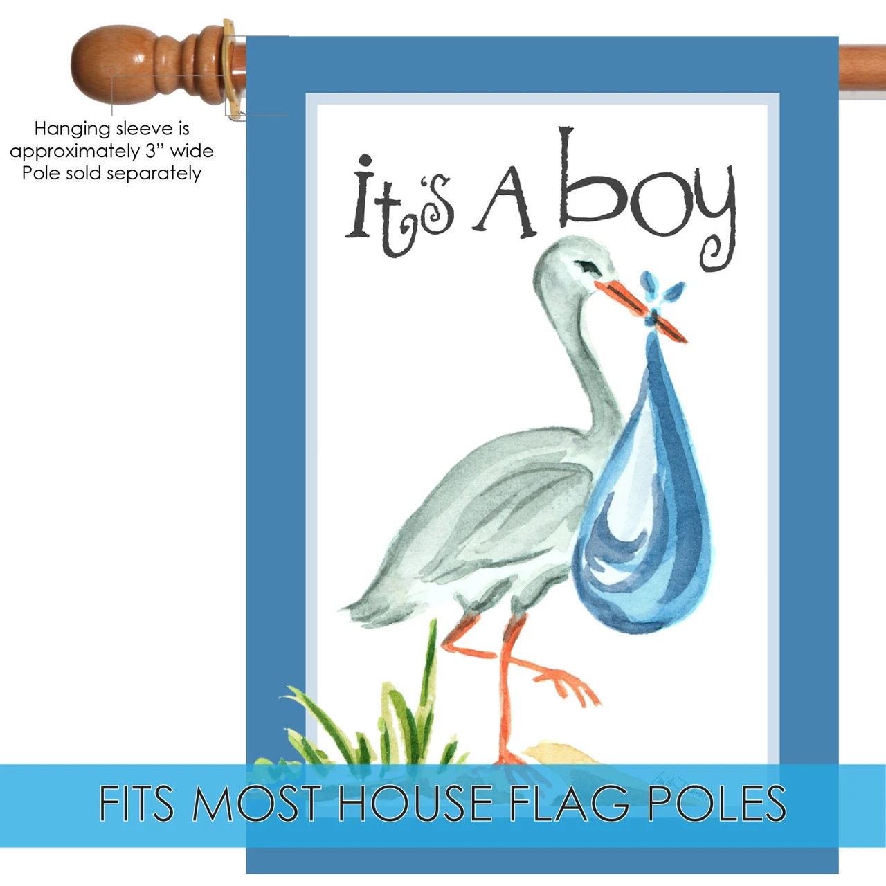 Blue And White "It's A Boy" Stork Outdoor House Flag 40" X 28" 5 Blue And White "It's A Boy" Stork Outdoor House Flag 40" X 28" - Image 5