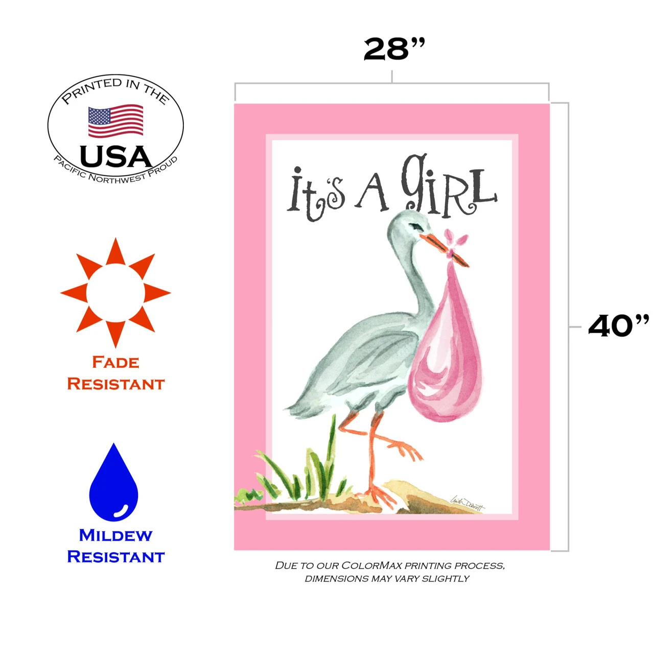Pink And White "It's A Girl" Stork Outdoor House Flag 40" X 28" 3 Pink And White "It's A Girl" Stork Outdoor House Flag 40" X 28" - Image 3
