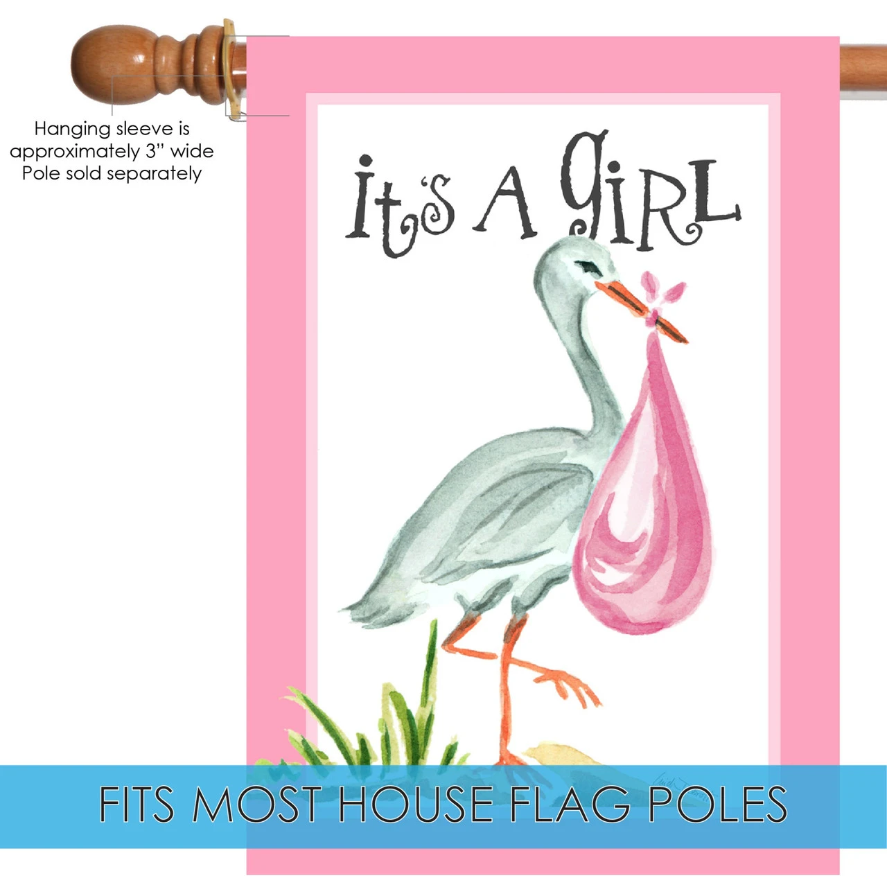 Pink And White "It's A Girl" Stork Outdoor House Flag 40" X 28" 5 Pink And White "It's A Girl" Stork Outdoor House Flag 40" X 28" - Image 5