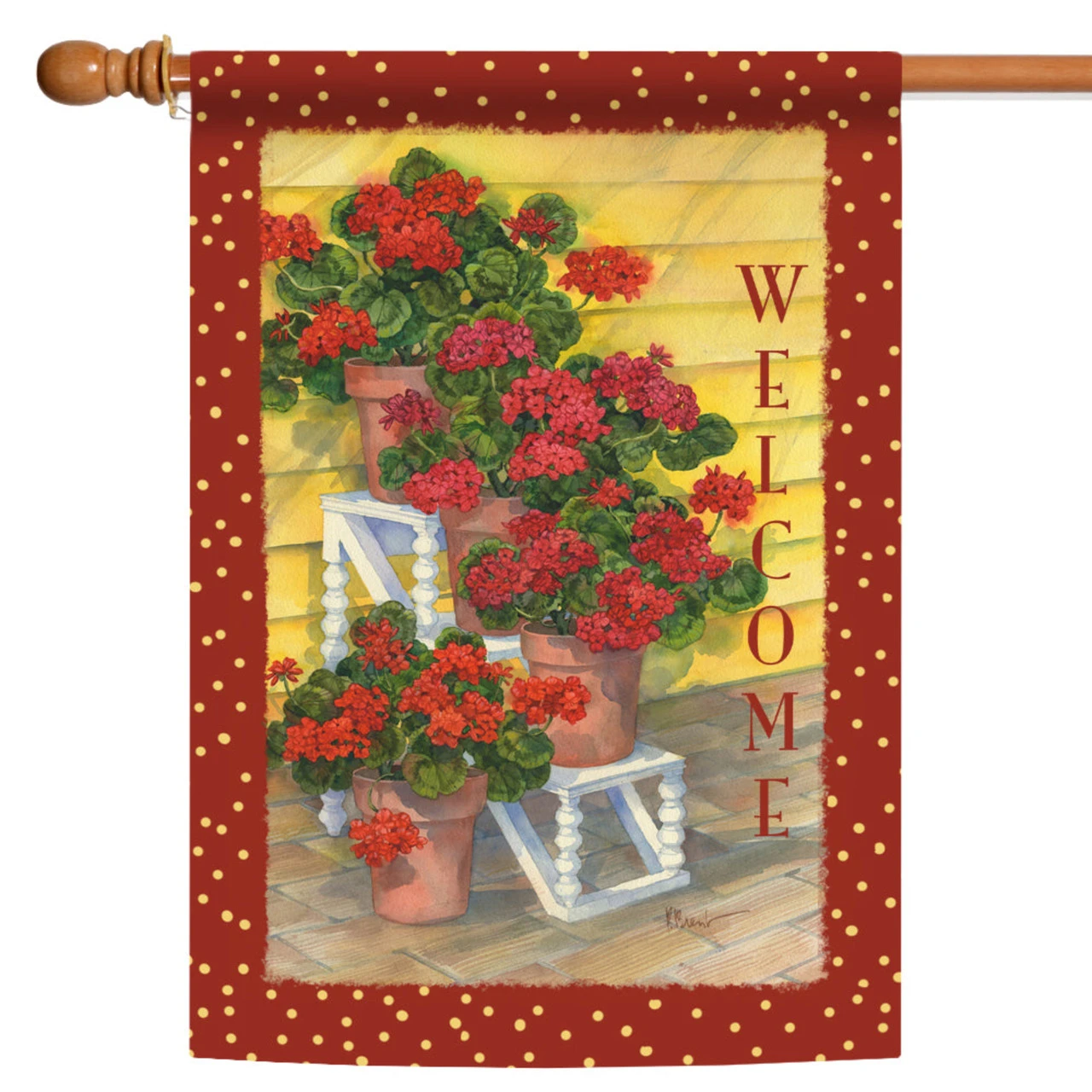 Red And Green Polka Dot Geraniums Outdoor House Flag 28" X 40" 1 Red And Green Polka Dot Geraniums Outdoor House Flag 28" X 40"