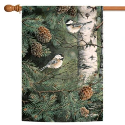 Green And White Pinecone Chickadees Outdoor House Flag 40" X 28"