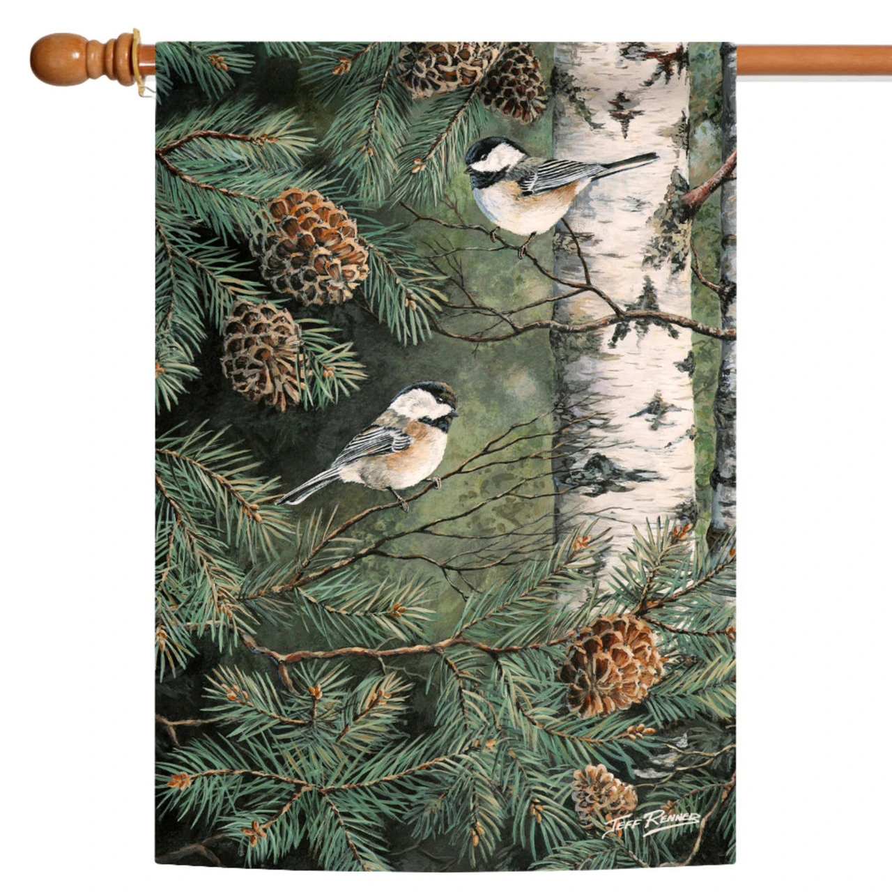 Green And White Pinecone Chickadees Outdoor House Flag 40" X 28" 1 Green And White Pinecone Chickadees Outdoor House Flag 40" X 28"