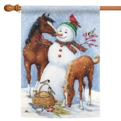 White And Brown Snowman Pasture Christmas Outdoor House Flag 40" X 28"