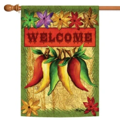 Green And Red Welcome Peppers Thanksgiving Outdoor House Flag 40" X 28"