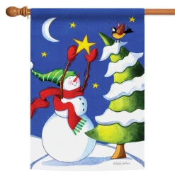 Green And White Snowman Star Christmas Outdoor House Flag 40" X 28"