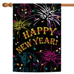 Black And Yellow Happy New Year Outdoor House Flag 40" X 28"