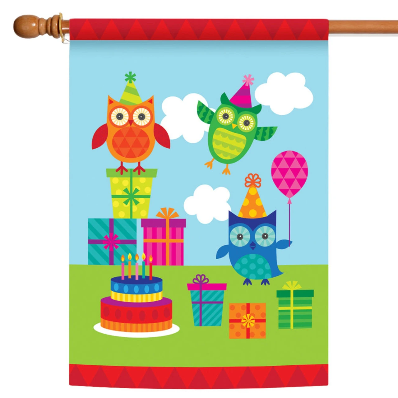 Blue And Green Party Owls Outdoor House Flag 40" X 28" 1 Blue And Green Party Owls Outdoor House Flag 40" X 28"