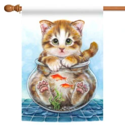 Brown And Blue Cat In Fish Bowl Outdoor House Flag 40" X 28"