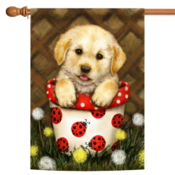 Brown And Red Potted Puppy Outdoor House Flag 40" X 28"