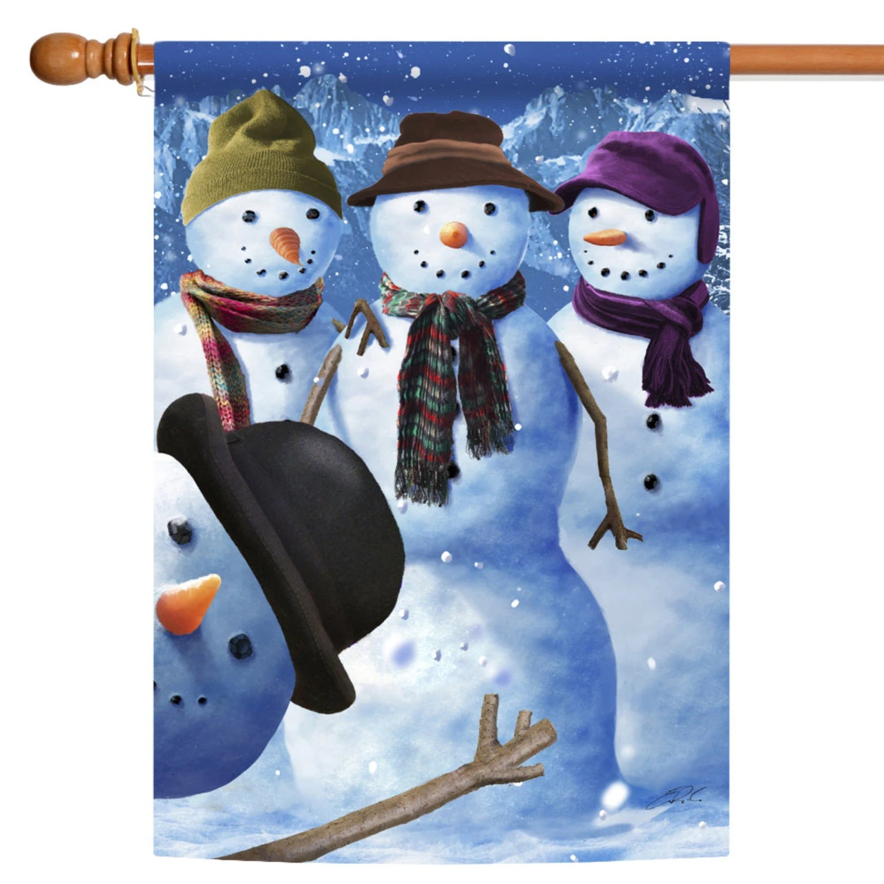 White And Blue Snowman Photobomb Outdoor House Flag 40" X 28" 1 White And Blue Snowman Photobomb Outdoor House Flag 40" X 28"