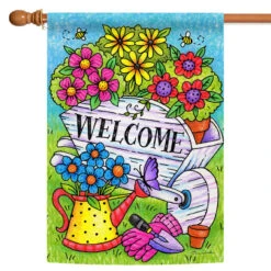 Green And Blue Floral Wheelbarrow Outdoor House Flag 40" X 28"