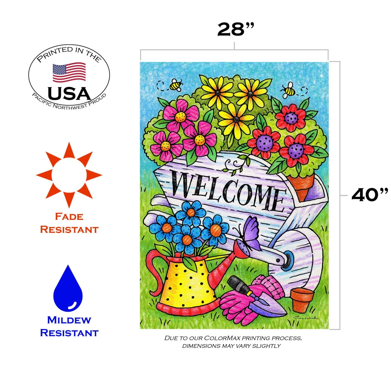 Green And Blue Floral Wheelbarrow Outdoor House Flag 40" X 28" 3 Green And Blue Floral Wheelbarrow Outdoor House Flag 40" X 28" - Image 3