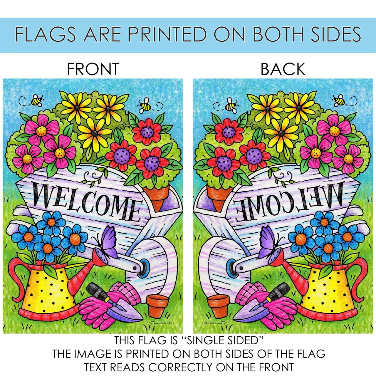 Green And Blue Floral Wheelbarrow Outdoor House Flag 40" X 28" 4 Green And Blue Floral Wheelbarrow Outdoor House Flag 40" X 28" - Image 4