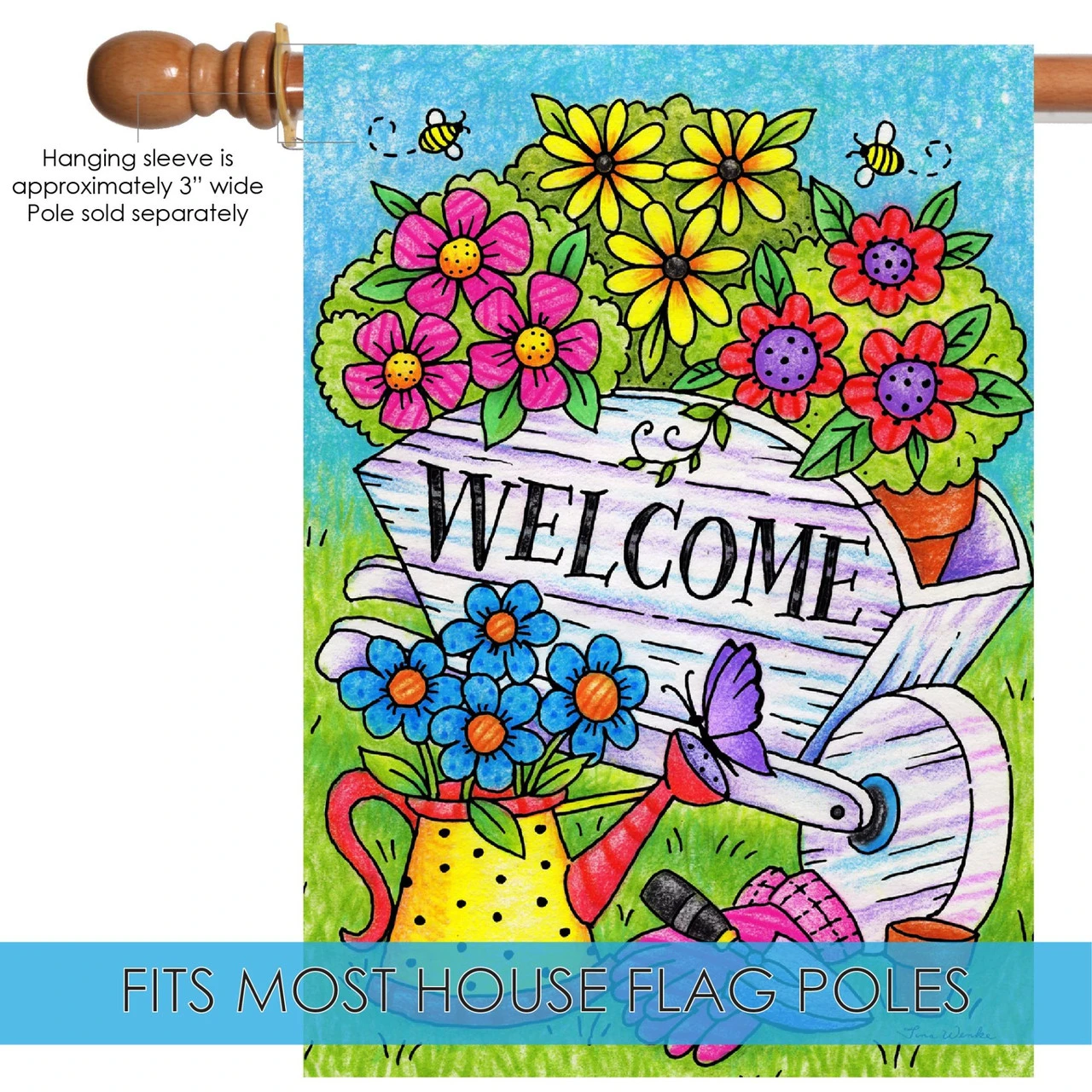 Green And Blue Floral Wheelbarrow Outdoor House Flag 40" X 28" 5 Green And Blue Floral Wheelbarrow Outdoor House Flag 40" X 28" - Image 5