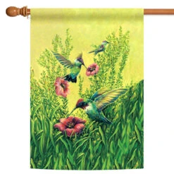 Green And Red Hummingbirds In Flight Outdoor House Flag 40" X 28"