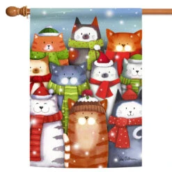 Brown And Gray Cat Caroling Christmas Outdoor House Flag 40" X 28"