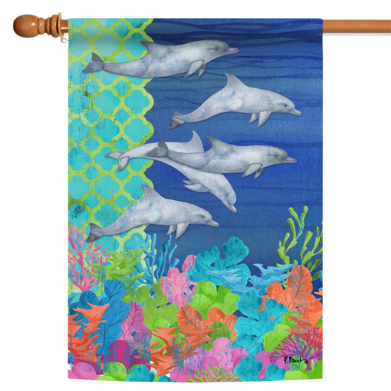 Blue And Green Diving Dolphins Outdoor House Flag 40" X 28" 1 Blue And Green Diving Dolphins Outdoor House Flag 40" X 28"