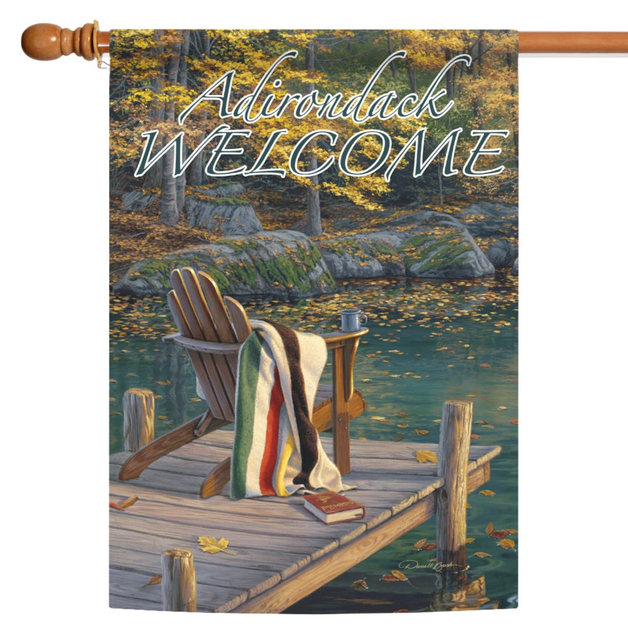 Brown And Green Adirondack At The Pond Outdoor House Flag 40" X 28" 1 Brown And Green Adirondack At The Pond Outdoor House Flag 40" X 28"