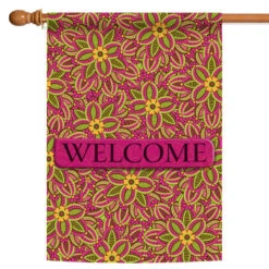 Pink And Green Fuschia "Welcome" Outdoor House Flag 40" X 28"