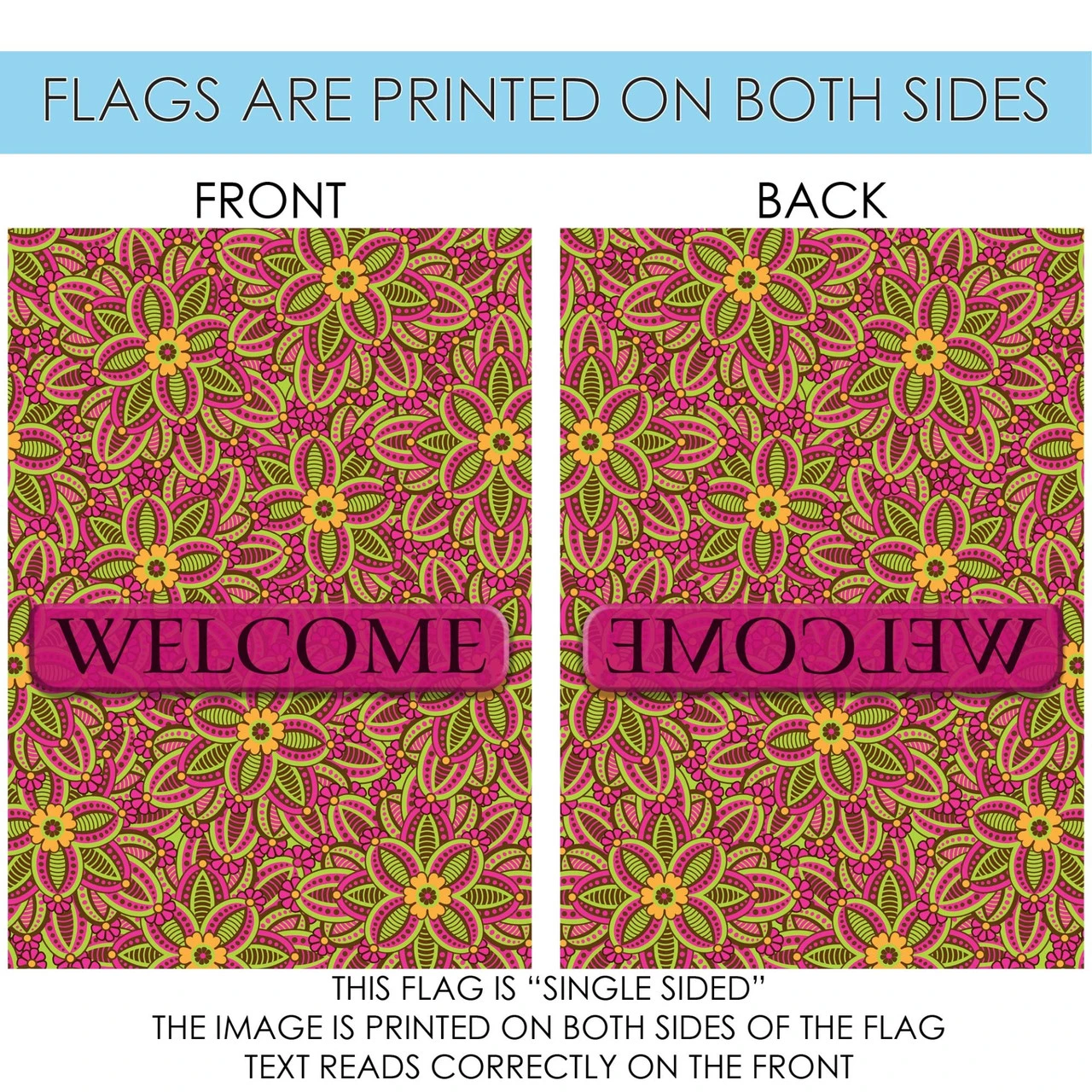 Pink And Green Fuschia "Welcome" Outdoor House Flag 40" X 28" 4 Pink And Green Fuschia "Welcome" Outdoor House Flag 40" X 28" - Image 4