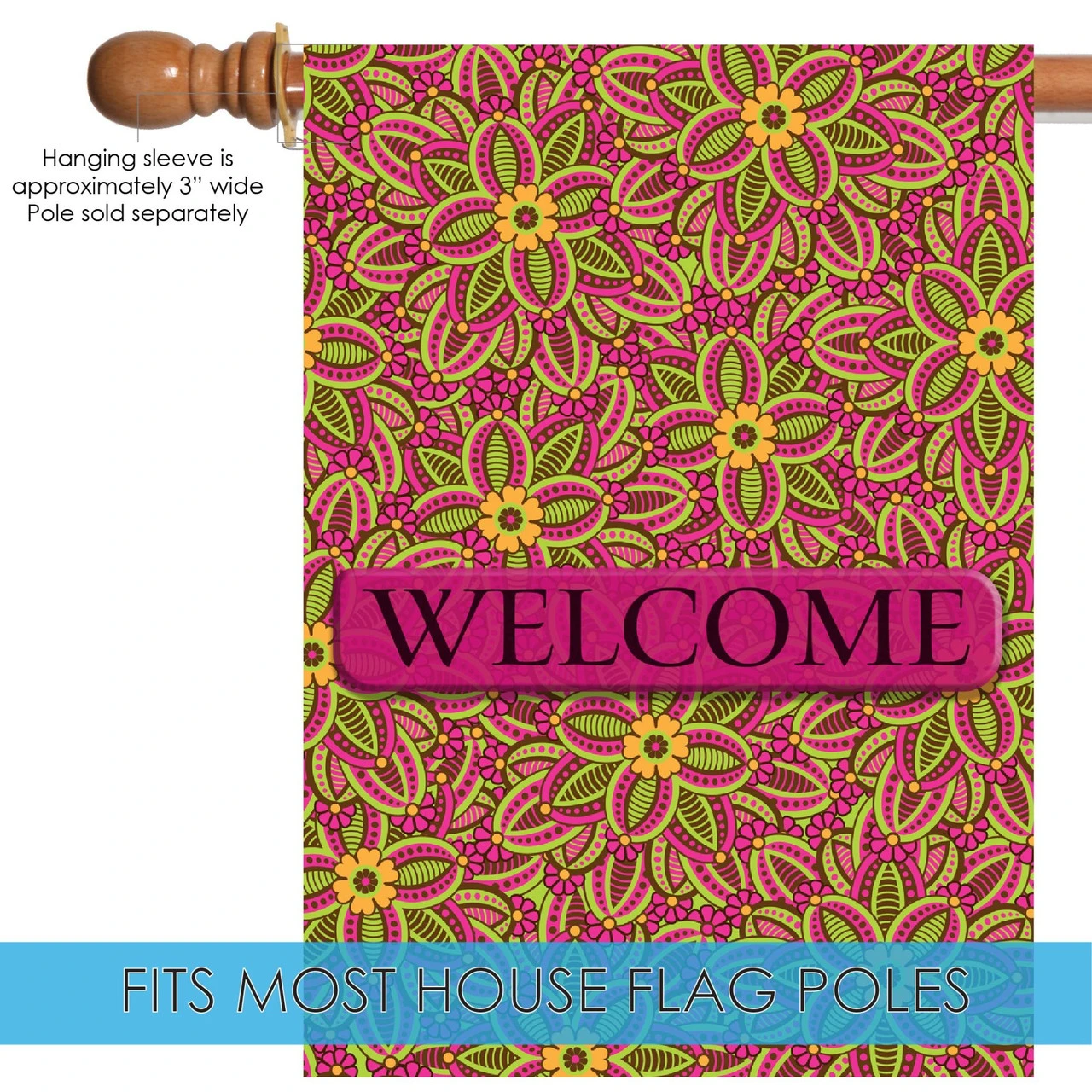 Pink And Green Fuschia "Welcome" Outdoor House Flag 40" X 28" 5 Pink And Green Fuschia "Welcome" Outdoor House Flag 40" X 28" - Image 5