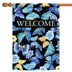 Blue And Beige Butterfly "Welcome" Outdoor House Flag 40" X 28"