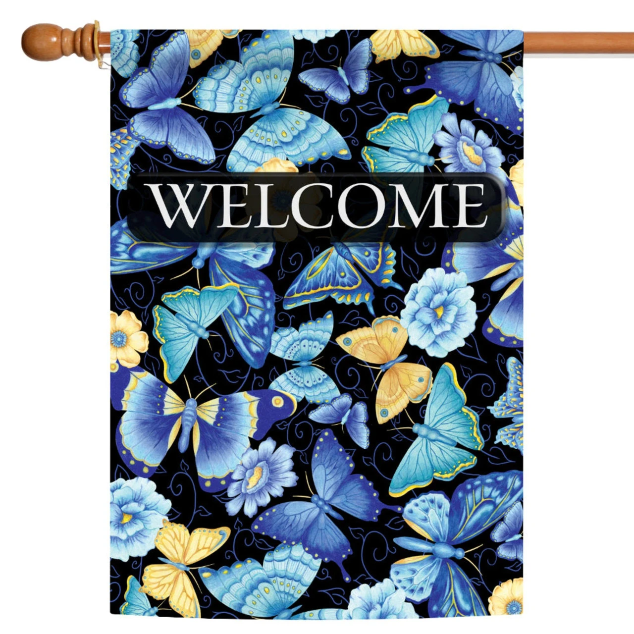 Blue And Beige Butterfly "Welcome" Outdoor House Flag 40" X 28" 1 Blue And Beige Butterfly "Welcome" Outdoor House Flag 40" X 28"
