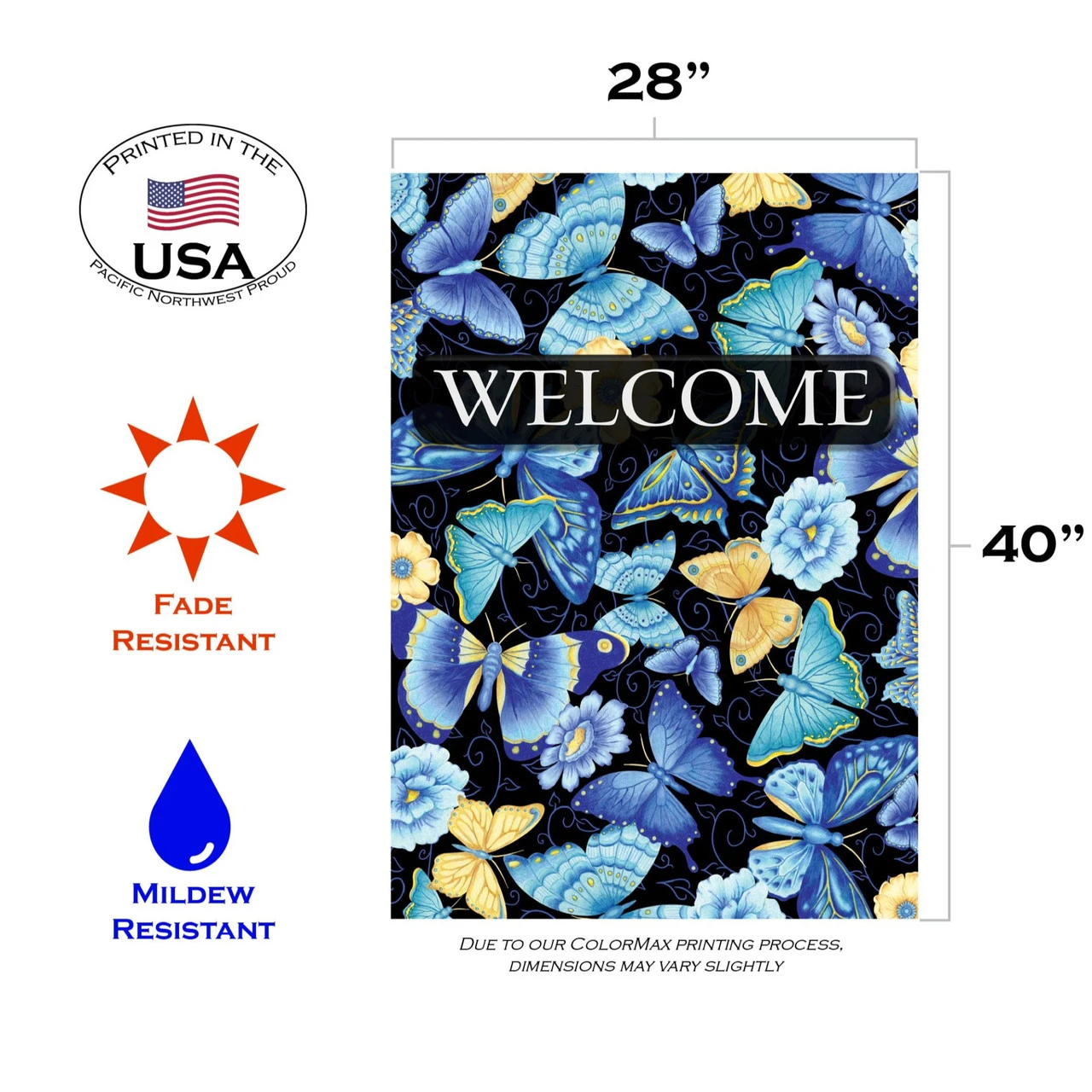 Blue And Beige Butterfly "Welcome" Outdoor House Flag 40" X 28" 3 Blue And Beige Butterfly "Welcome" Outdoor House Flag 40" X 28" - Image 3