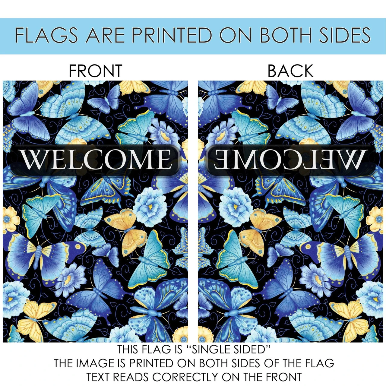 Blue And Beige Butterfly "Welcome" Outdoor House Flag 40" X 28" 4 Blue And Beige Butterfly "Welcome" Outdoor House Flag 40" X 28" - Image 4