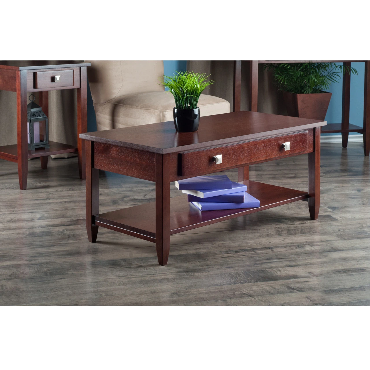 40" Walnut Brown Contemporary Coffee Table With Tapered Leg 4 40" Walnut Brown Contemporary Coffee Table With Tapered Leg - Image 4