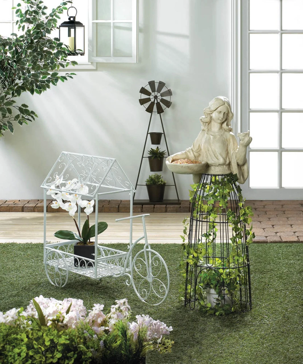 36" White Vintage Style Three Wheeled Bicycle Planter With Plant House 3 36" White Vintage Style Three Wheeled Bicycle Planter With Plant House - Image 3