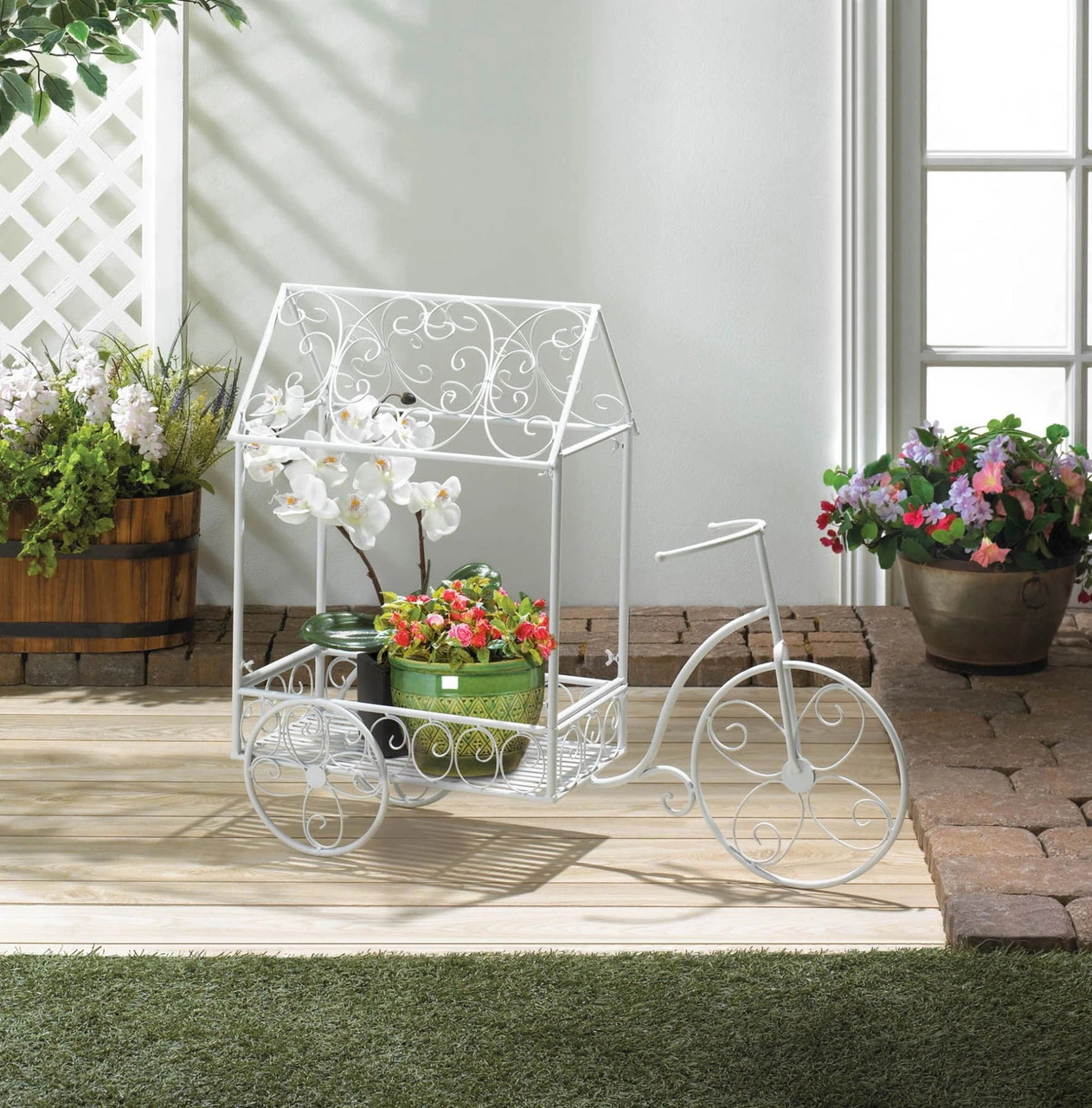 36" White Vintage Style Three Wheeled Bicycle Planter With Plant House 4 36" White Vintage Style Three Wheeled Bicycle Planter With Plant House - Image 4