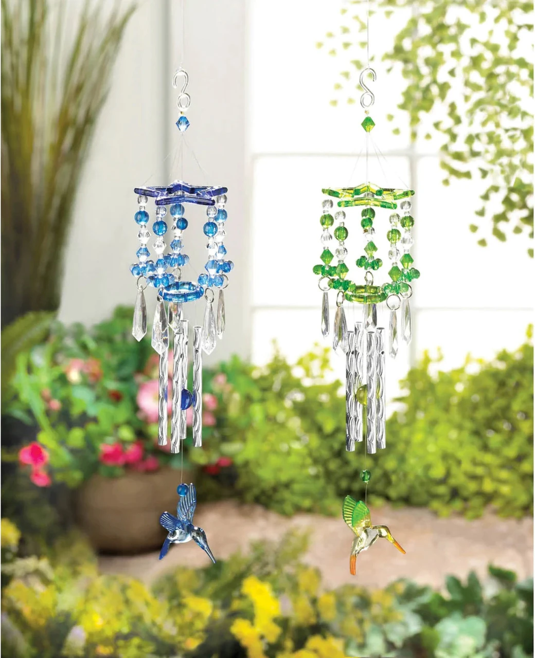 13" Green And Silver Hummingbird Outdoor Wind Chimes 3 13" Green And Silver Hummingbird Outdoor Wind Chimes - Image 3
