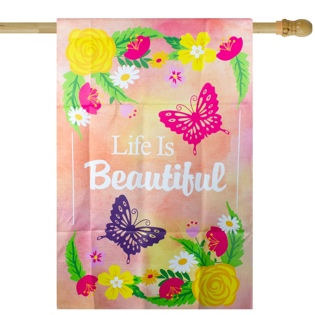 Life Is Beautiful Pink Floral Outdoor House Flag 28" X 40" 1 Life Is Beautiful Pink Floral Outdoor House Flag 28" X 40"