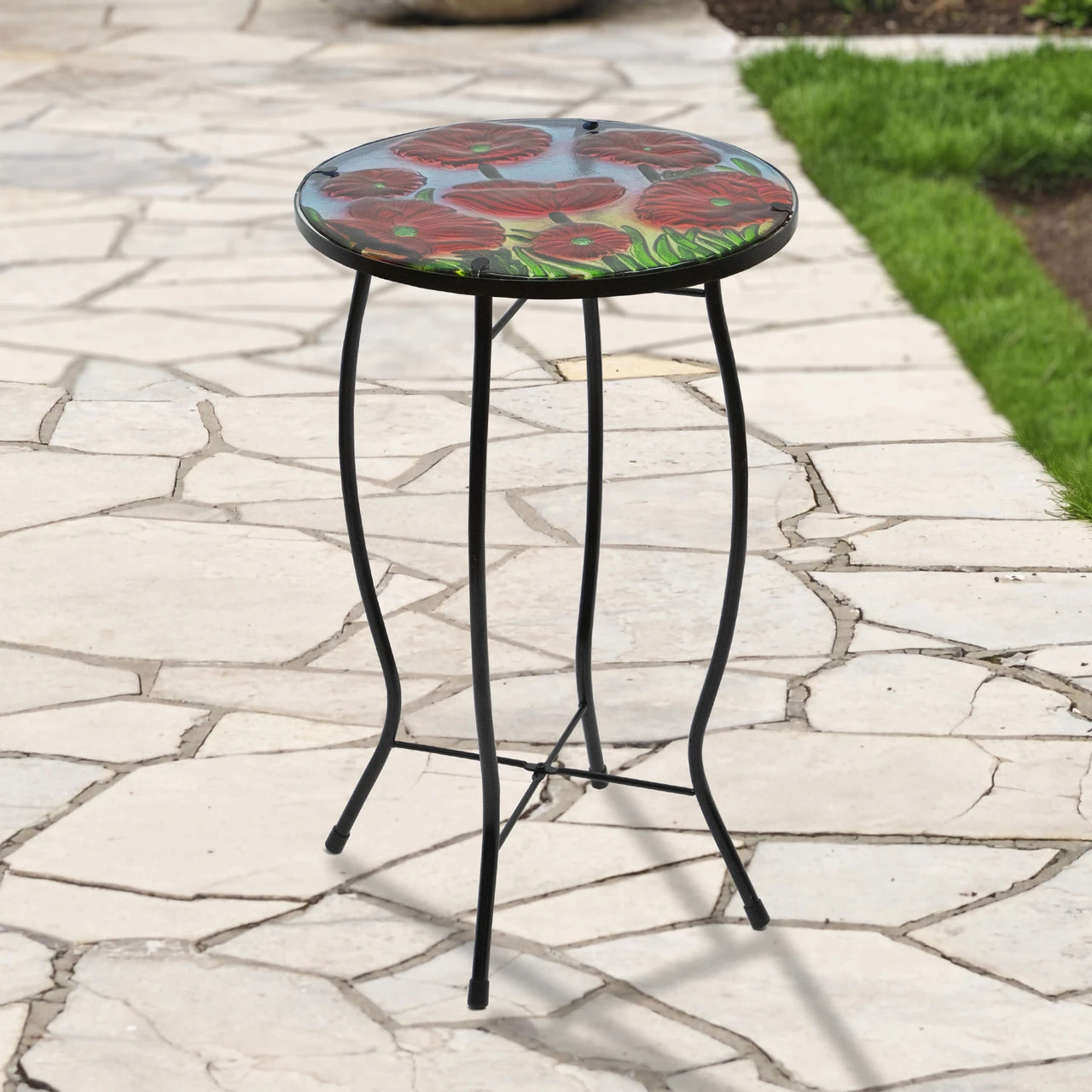 19" Red Floral Poppies Glass Patio Side Table 2 19" Red Floral Poppies Glass Patio Side Table - Image 2
